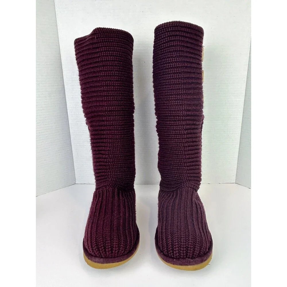 Ugg Classic Cardy Knit Boots Burgundy Convertible Tall or Mid Calf Button Shoe 7
